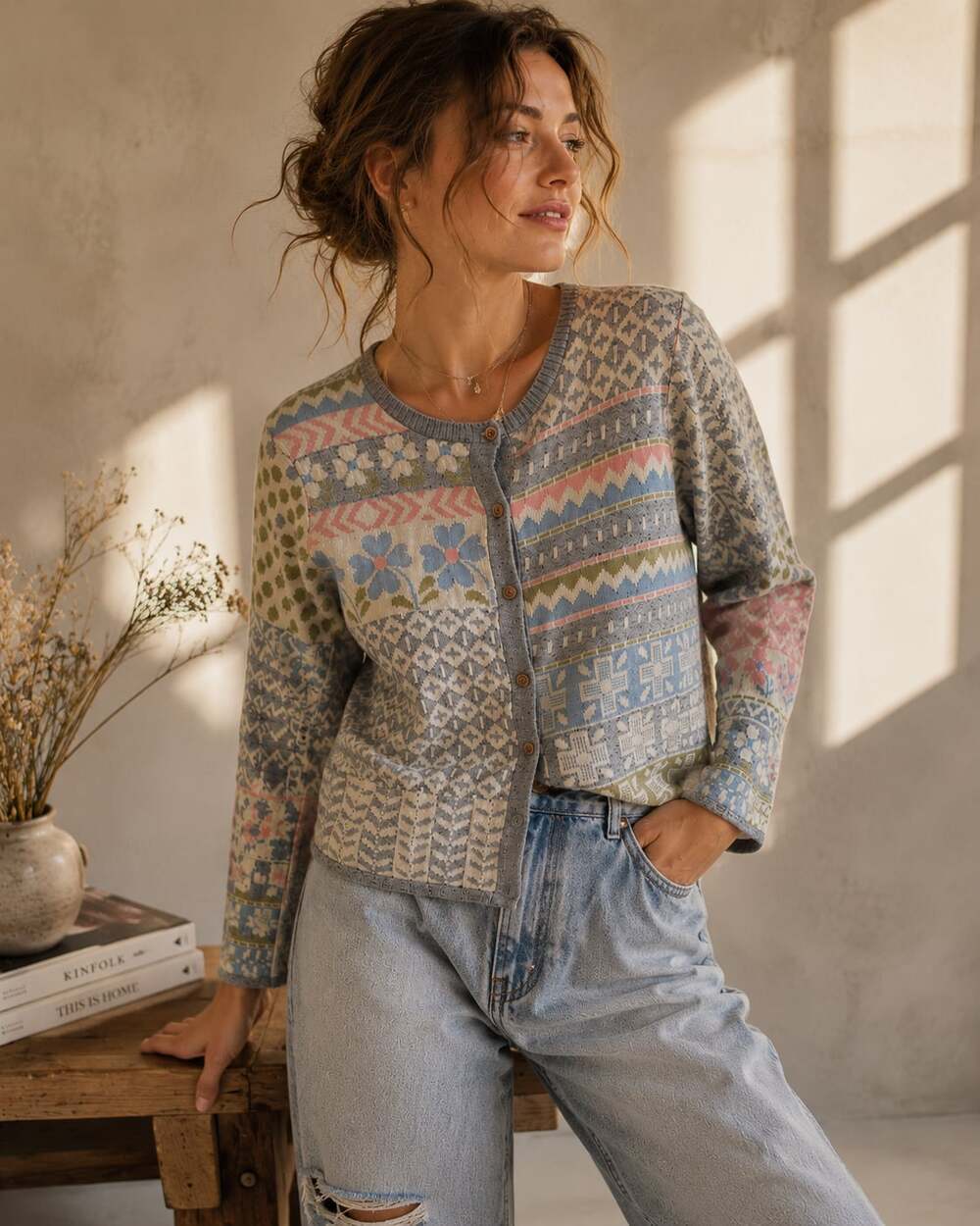 Gudrun Sjödén Wool Blend Nordic Fair Isle Cardigan Sweater L Boho Cottagecore